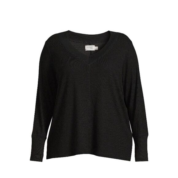 Women's Plus Size Waffle V-Neck Tee Shirt with Long Sleeves, Size 3X - Picture 1 of 9
